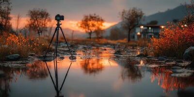 Beautiful sunset reflection captured by a camera on a tripod at a serene riverbank during autumn photo