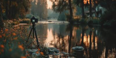 Camera set up by a tranquil river at sunset surrounded by flowers and trees creating a peaceful nature scene photo