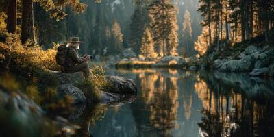 Serene moment by the tranquil lake surrounded by tall trees at sunset with a traveler enjoying nature photo