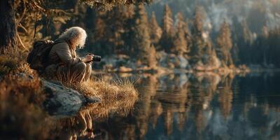 Photographer capturing reflections while sitting by a serene mountain lake during golden hour photo
