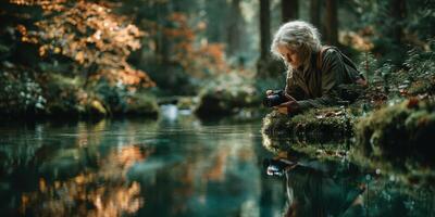 Photographer captures serene landscape beside tranquil river during autumn afternoon in a forested area photo