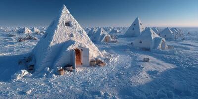 Winter village features igloo-style structures under clear blue sky across a snow-covered landscape photo