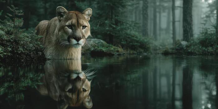Mountain lion gazes into a calm forest pond reflecting its image at dawn in a serene wilderness setting photo