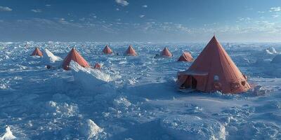 Tents set up in an icy, remote location under a clear blue sky during the day photo