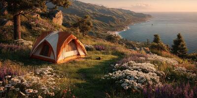 Camping on a hillside overlooking the ocean during golden hour with colorful wildflowers all around photo