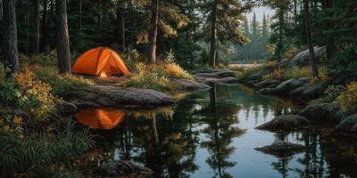 Serene camping spot by the tranquil river surrounded by tall trees at dusk photo