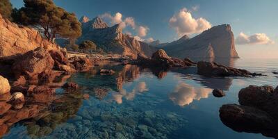 Stunning coastal landscape at sunrise with calm waters and dramatic cliffs in a serene setting photo