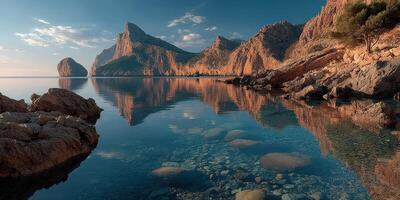 Calm waters reflect rocky cliffs and the sky at sunset near a serene coastal landscape photo