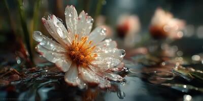 Close-up of a delicate flower with raindrops resting on petals in a serene water setting during early morning hours photo