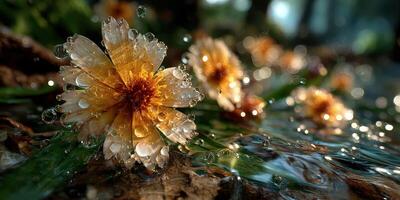 Close-up of vibrant orange flowers with water droplets sparkling in morning sunlight near a stream in a serene garden setting photo