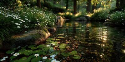 Sunlight sparkles on a serene forest creek surrounded by wildflowers and lush greenery in early morning light photo