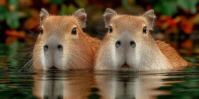 Two capybaras partially submerged in a quiet lake surrounded by vibrant foliage during a sunny afternoon photo