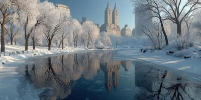 Winter wonderland in a city park with frosted trees and mirrored water reflecting skyline buildings photo