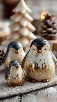 Decorative penguin figurines arranged beautifully on a rustic table with seasonal decor in a cozy setting photo