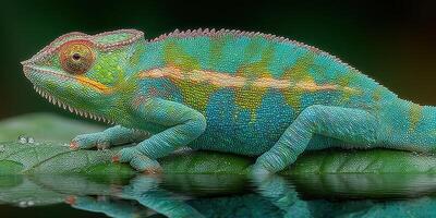 Brightly colored chameleon resting on a leaf beside tranquil water in a lush environment photo
