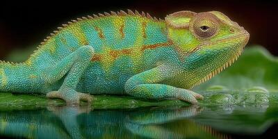Chameleon resting on a leaf with vibrant colors reflecting in still water at a tropical rainforest habitat photo