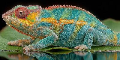 Colorful chameleon resting on a leaf, showcasing vibrant patterns and unique texture in a natural setting photo