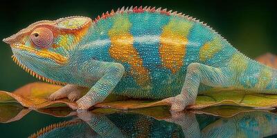 Colorful chameleon resting on a leaf in a tropical rainforest during daylight hours photo