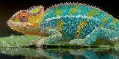 Vibrant chameleon perched on a leaf in a lush environment during a bright afternoon, showcasing its colorful scales photo