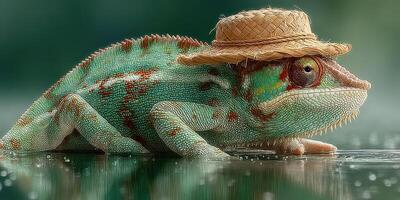 Chameleon wearing straw hat rests on water surface in a lush environment at daytime photo