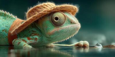 Chameleon wearing a straw hat relaxing by the water on a sunny day in a serene environment photo