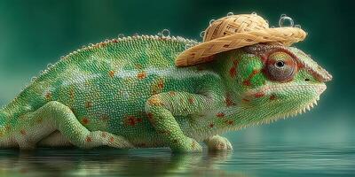 Chameleon in a straw hat relaxing by the water on a calm afternoon photo