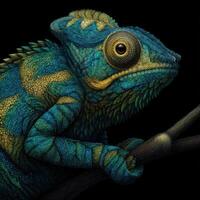 Lively chameleon resting on a branch with intricate patterns and vibrant colors captured in detail in a dark setting photo