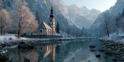 Winter landscape with a quaint church by a tranquil river in the mountains at dawn photo