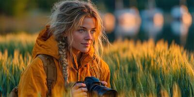 Young photographer captures golden hour in wheat field near serene water during late afternoon photo