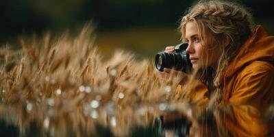 Young woman capturing nature's beauty with a camera by a serene lake during golden hour in an autumn landscape photo