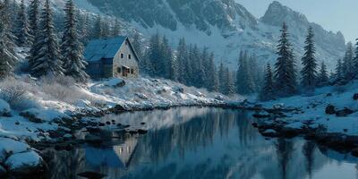 Snow-covered cabin by a tranquil river reflecting mountains in a serene winter landscape at sunrise photo