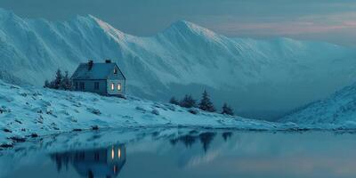 Serene winter landscape featuring a secluded cabin by a reflective lake with snow-covered mountains at dusk photo