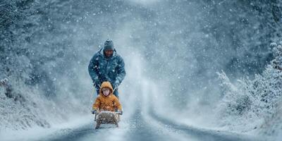 Child rides in wooden sled as parent pulls through snowy forest under falling snowflakes photo