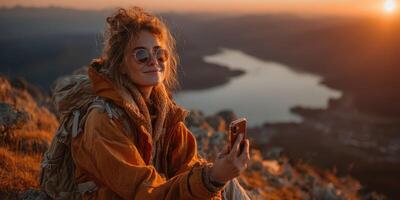 Young woman enjoying sunset on mountain while taking selfie with friendly smile and scenic lake view in background photo