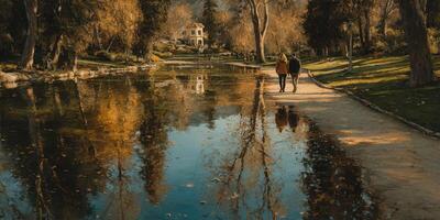 Couple strolling by serene pond in autumn park surrounded by vibrant foliage and reflections photo