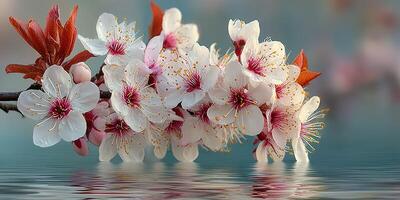 Cherry blossom branch with delicate white flowers reflected in serene water under soft light photo