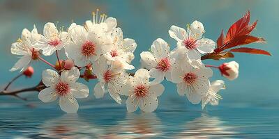 Cherry blossom branch floats gracefully on serene water surface during springtime sunlight photo