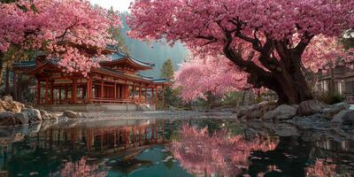 Cherry blossom trees in full bloom surround traditional temple by the serene pond photo