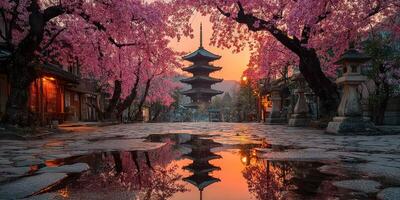 Cherry blossoms bloom around ancient pagoda at sunset, creating a serene reflection in the water photo