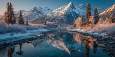 Snow-capped mountains reflect in a tranquil river surrounded by pine trees in winter photo