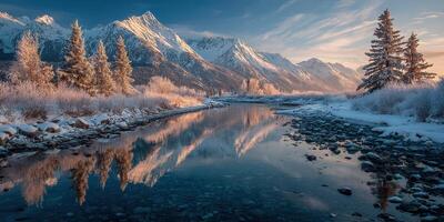 Winter landscape with snow-covered mountains reflecting in calm river during sunset in a serene natural setting photo