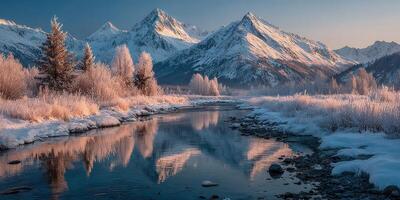 Snow-covered mountains reflect on a tranquil river during early morning light in a serene winter landscape photo