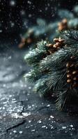 Winter pine branches adorned with snow and pine cones create a tranquil atmosphere for the holiday season photo