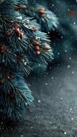 Winter landscape showcasing close-up of pine tree branches adorned with snow and pine cones during a gentle snowfall in a serene forest photo