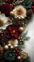 Colorful holiday floral arrangement with gold accents and pine cones displayed on white background photo