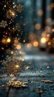 Magical winter scene with sparkling snowflakes and glowing lights in a cozy atmosphere photo