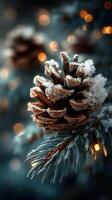 Winter pine cone covered in frost with blurred lights creating a cozy atmosphere during the holiday season photo