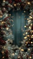 Decorative Christmas border with pinecones, red berries, and twinkling lights creating a festive atmosphere photo