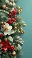 Festive floral arrangement with red and white flowers against a teal background during winter season photo