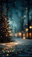 Christmas tree illuminated by warm lights in a snowy night setting with soft bokeh effect and blurred background photo